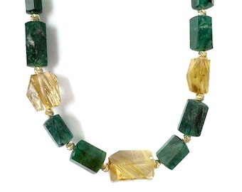 14k Natural Brazilian Emerald Nugget Necklace | Golden Rutilated Quartz Necklace | 14k Gold Emerald Necklace |