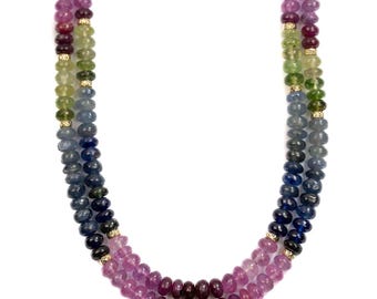 Blue, Pink, Green Sapphire Double Strand Necklace | 14k Gold Sapphire Necklace | Natural Sapphire Gemstone Beaded Strand Necklace
