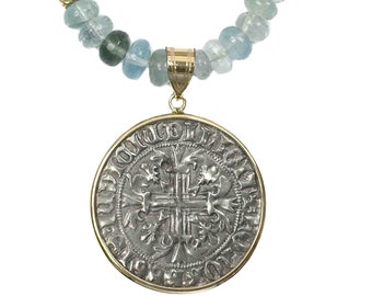 14k Real Ancient Italian Napoli Coin Pendant Necklace (1309-1317 A.D.) | Natural Aquamarine Gemstone Beaded Necklace | 14k Gold Coin