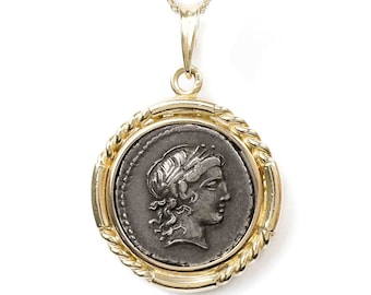 APOLLO (82 B.C.) Ancient Roman Coin Pendant Necklace | 14k Gold Real Ancient Roman Silver Coin Necklace | Sun God Coin Pendant Necklace