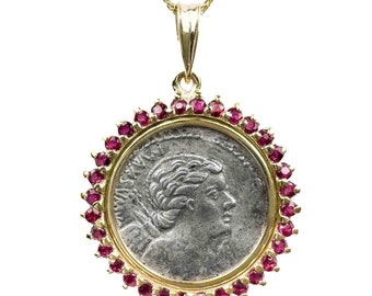 CUPID (75 B.C.) 14k Ruby Ancient Roman Coin Pendant Necklace | 14k Gold Coin Pendant Necklace | Roman God Coin Necklace | Natural Ruby