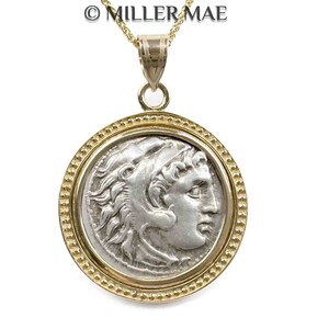 ALEXANDER THE GREAT 319-305 B.C. Ancient Greek Coin Pendant Necklace 14k Gold Hercules Coin Necklace Zeus Coin Necklace image 1