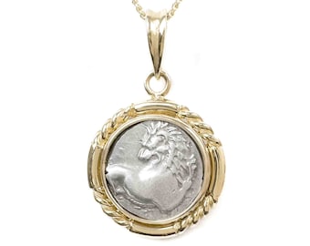 CHERRONESOS LION (386-338 B.C.) Ancient Greek Coin Pendant Necklace | 14k Gold Real Ancient Greek Silver Coin Necklace | Lion Coin Necklace