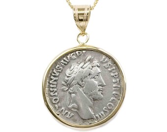 14k Antoninus Pius Ancient Roman Coin Necklace | 14k Gold Real Coin Necklace | Roman Emperor Coin Necklace | Roman Silver Denarius Coin