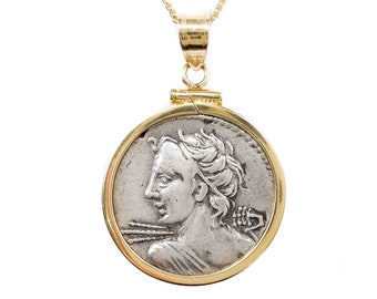 APOLLO VEIOVIS (84 B.C.) Ancient Roman Coin Pendant Necklace | 14k Gold Real Ancient Roman Vejovis Coin Necklace | Roman God Coin Necklace