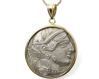 Real Ancient Athena Greek Silver Coin Necklace (454-404 B.C.) | 14k Gold Chain Necklace | Roman Coin Necklace | Owl of Wisdom Necklace