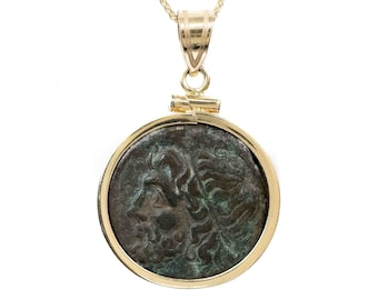 POSEIDON (275-215 av. J.-C.) Collier de pièces de monnaie grecque antique | Collier pendentif en or 14 carats avec véritable pièce de monnaie ancienne | Collier de pièces de monnaie Trident Ocean God