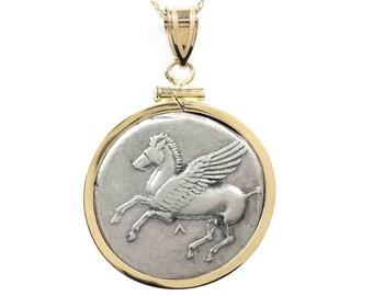 PEGASUS/ATHENA (320-280 av. J.-C.) Collier pendentif pièce de monnaie grecque antique | Collier de pièces de monnaie de cheval ailé en or 14 carats | Collier de pièces de monnaie de la déesse grecque