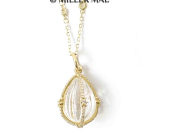 Diamond Quartz Teardrop Pendant Necklace | 14k Diamonds by the Yard Chain Necklace | Crystal Quartz Pendant Necklace | Pave Diamond Necklace
