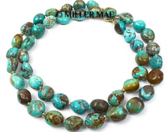 Natural Arizona Kingman Turquoise Hand-Knotted Necklace | Kingman Turquoise Nugget Knotted Necklace | Turquoise Gemstone Beaded Necklace