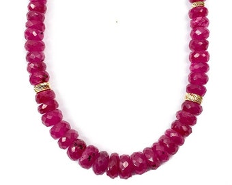 14k Gold Ruby Necklace | Natural Red Ruby Necklace | Solid Gold Pink Ruby Necklace | Ruby Beaded Short Necklace