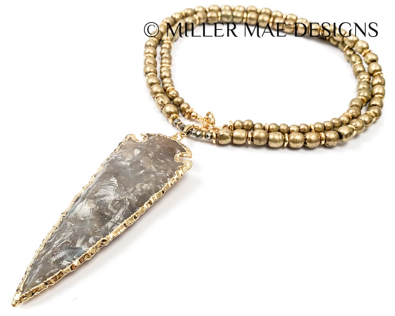 Gold Grey Arrow Necklace Boho Arrowhead Necklace Ethiopian Brass Beaded Necklace Large 24k Gold Plated Jasper Arrowhead Necklace