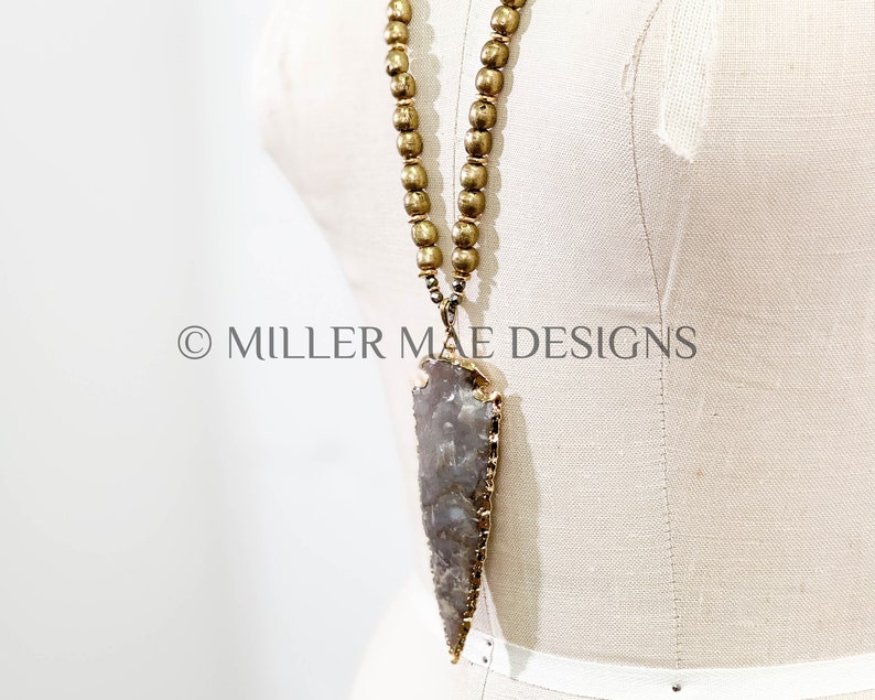 Gold Grey Arrow Necklace Boho Arrowhead Necklace Ethiopian Brass Beaded Necklace Large 24k Gold Plated Jasper Arrowhead Necklace