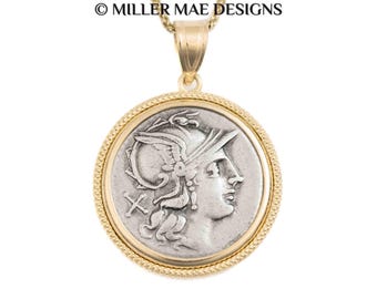 ROMA (203 B.C.) Ancient Roman Goddess Coin Necklace | 14k Gold Real Ancient Coin Pendant Necklace | Genuine Ancient Dioscuri Coin Necklace