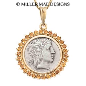 APOLLO (44-18 B.C.) Ancient Greek Citrine Coin Pendant Necklace | Ancient Greek Silver Lyre Coin Necklace | Greek God Coin Pendant Necklace