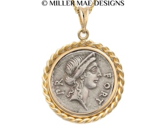 Ancient Roman Fortuna Coin Pendant | 14k Gold Setting, Good Luck Charm (49 B.C.)