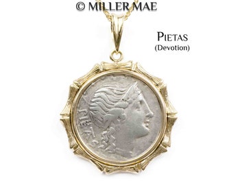 PIETAS (108-107 B.C.) Goddess of Devotion Roman Coin Necklace | 14k Gold Real Ancient Roman Denarius Coin Pendant | Safety Goddess Charm