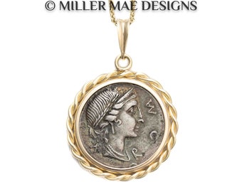 ROMA (114-116 B.C.) Ancient Roman Goddess Coin Necklace | 14k Gold Real Ancient Roman Coin Pendant Necklace | Genuine Ancient Coin Necklace