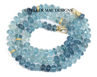 14k Gold Aquamarine Hand-Knotted Necklace | 14k Gold Blue Beaded Necklace | AAA Aquamarine Beaded Necklace