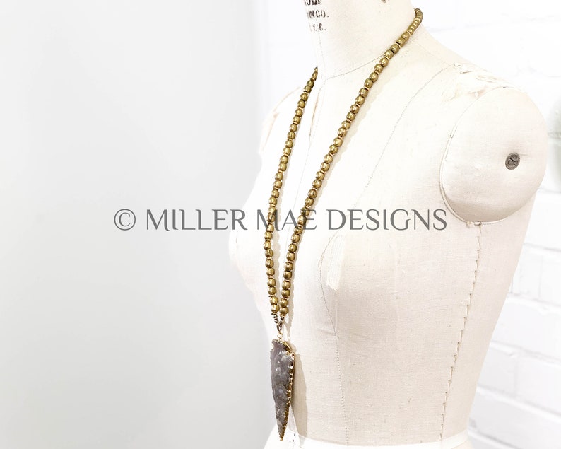 Gold Grey Arrow Necklace Boho Arrowhead Necklace Ethiopian Brass Beaded Necklace Large 24k Gold Plated Jasper Arrowhead Necklace