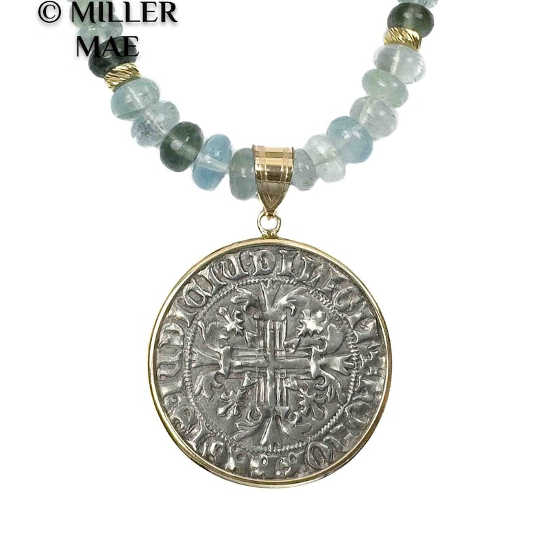14k Real Ancient Italian Napoli Coin Pendant Necklace 1309-1317 A.D. Natural Aquamarine Gemstone Beaded Necklace 14k Gold Coin image 1