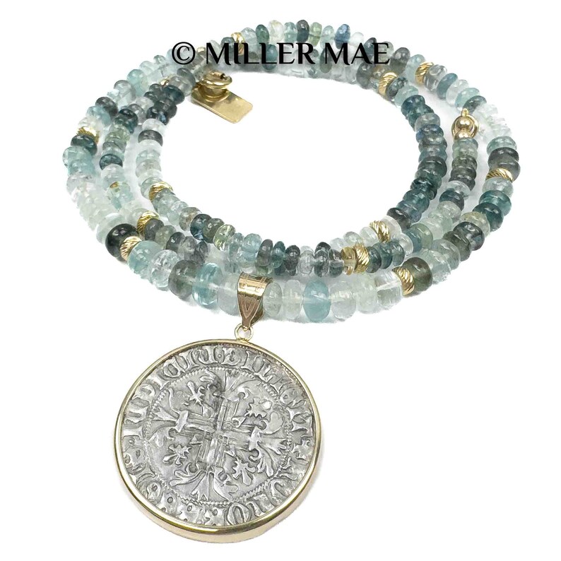 14k Real Ancient Italian Napoli Coin Pendant Necklace 1309-1317 A.D. Natural Aquamarine Gemstone Beaded Necklace 14k Gold Coin image 3