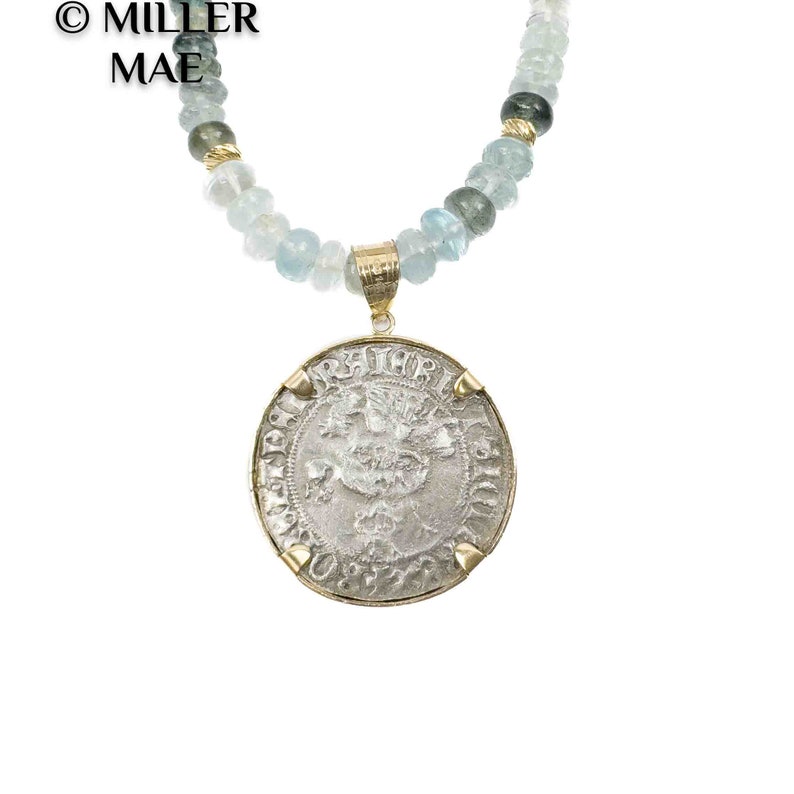 14k Real Ancient Italian Napoli Coin Pendant Necklace 1309-1317 A.D. Natural Aquamarine Gemstone Beaded Necklace 14k Gold Coin image 6