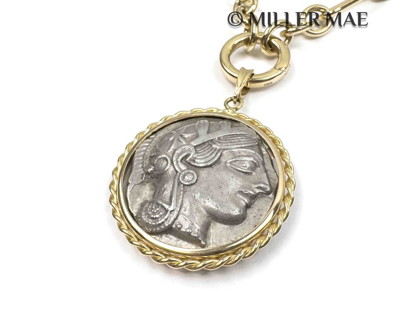 ATHENA 425-404 B.C. Ancient Greek Coin Necklace 14k Gold Real Ancient Greece Coin Necklace Owl of Wisdom Necklace Greek Goddess image 7