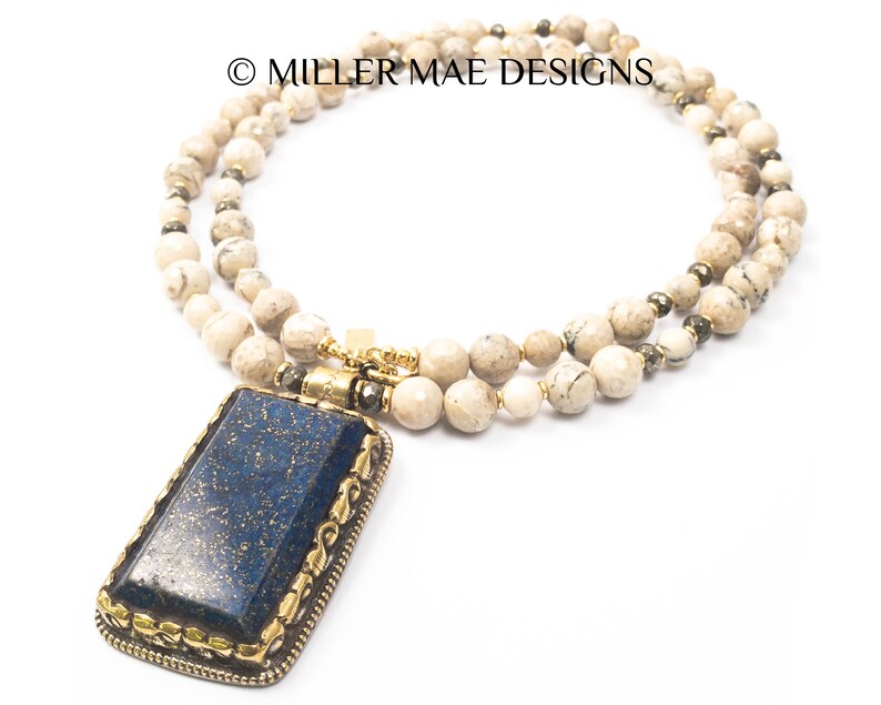 African White Opal Necklace Royal Blue Stone Necklace Bohemian Lapis Pendant Necklace Nepali Repousse Lapis Pendant Necklace