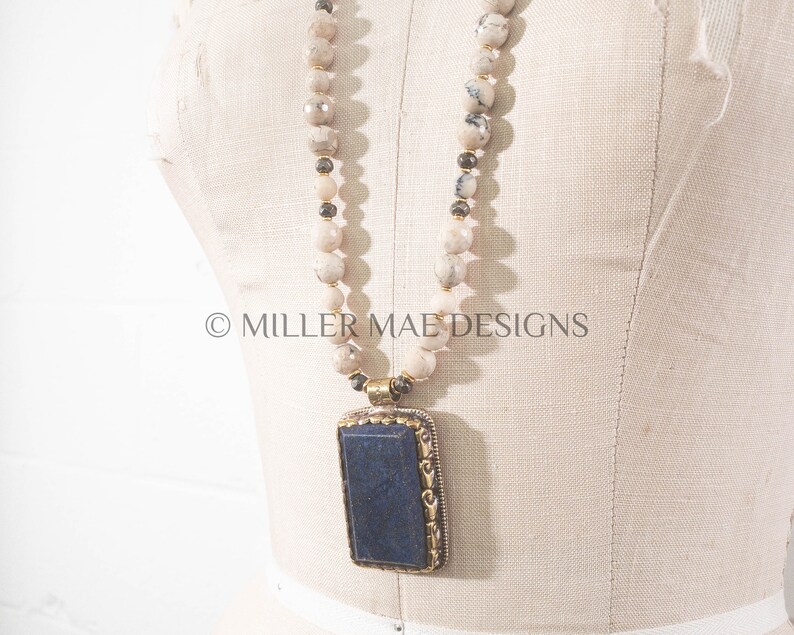 African White Opal Necklace Royal Blue Stone Necklace Bohemian Lapis Pendant Necklace Nepali Repousse Lapis Pendant Necklace
