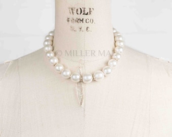 14k Diamond 15mm White Pearl Statement Necklace | Hand-Knotted Large Freshwater Pearl Necklace | Fair Lustre White Pearl Knotted Necklace