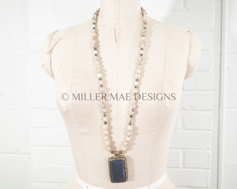 African White Opal Necklace Royal Blue Stone Necklace Bohemian Lapis Pendant Necklace Nepali Repousse Lapis Pendant Necklace