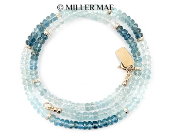 14k Gold Aquamarine Necklace | Blue Ombre Aquamarine Necklace | 14k Gold Beaded Necklace | AAA Aquamarine Beaded Necklace