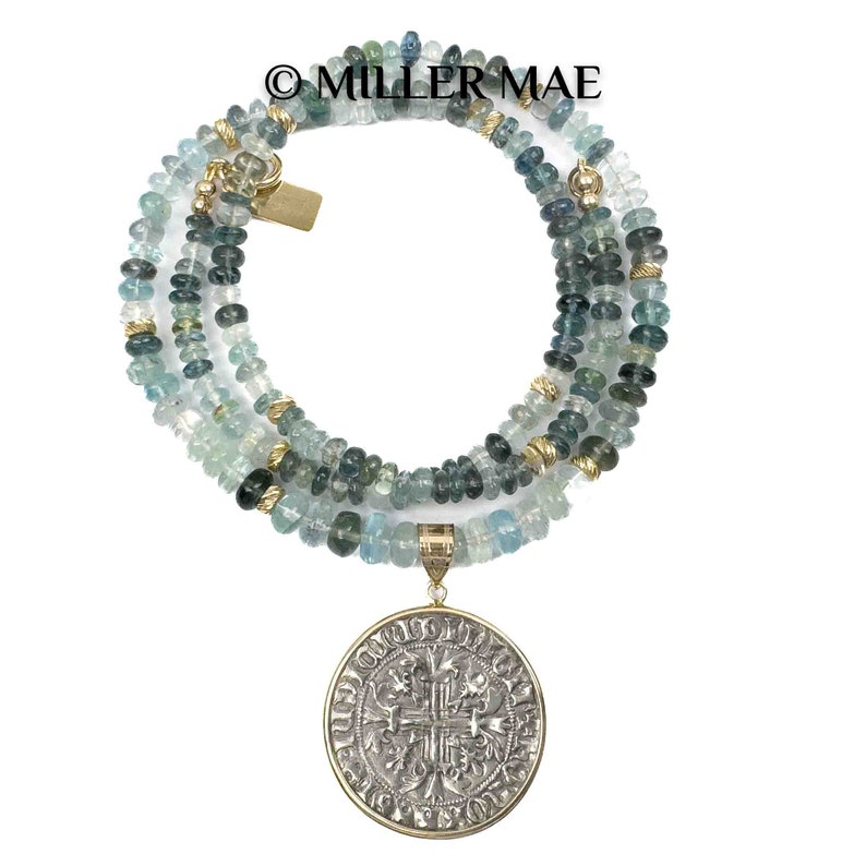 14k Real Ancient Italian Napoli Coin Pendant Necklace 1309-1317 A.D. Natural Aquamarine Gemstone Beaded Necklace 14k Gold Coin image 5