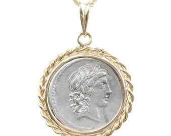 APOLLO (82 B.C.) Ancient Roman Coin Pendant Necklace | 14k Gold Real Ancient Roman Silver Coin Necklace | Roman God Coin Pendant Necklace