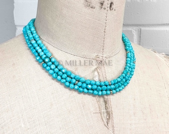 14k Gold Sleeping Beauty Turquoise Necklace | Natural Un-dyed Arizona Turquoise Statement Triple Strand Necklace | Turquoise Nugget Necklace