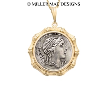 PIETAS (108-107 B.C.) Goddess of Devotion Roman Coin Necklace | 14k Gold Real Ancient Roman Denarius Coin Pendant | Safety Goddess Charm