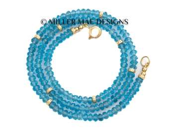 14k Gold AAA Natural Swiss Blue Topaz Gemstone Strand Necklace - 17.5 inches long