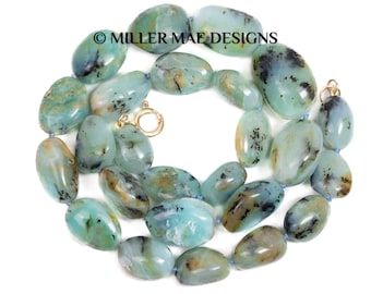 Green Blue Peruvian Opal Nugget Statement Necklace | Natural Opal Knotted Necklace | 14k Gold Large Polished Gemstone Nugget Necklace