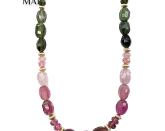 Natural Watermelon Tourmaline Necklace | Long Beaded Gemstone Nugget Strand Necklace | Pink Tourmaline Necklace | Green Tourmaline