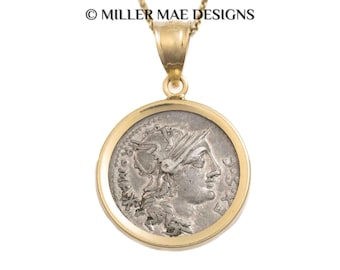 ROMA (116-115 B.C.) Ancient Roman Goddess Coin Necklace | 14k Gold Real Ancient Coin Pendant Necklace | Genuine Dioscuri Coin Necklace
