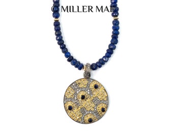 Diamond Sapphire Hamsa Pendant Necklace | Lapis Lazuli Beaded Necklace | Blue Sapphire Necklace | Lucky Hand Symbol Necklace