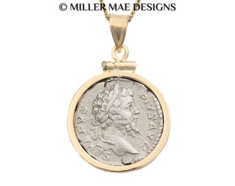 14k Gold Septimus Severus Ancient Roman Coin Pendant Necklace