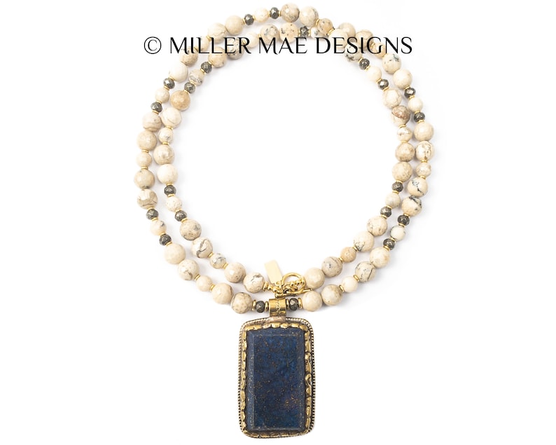African White Opal Necklace Royal Blue Stone Necklace Bohemian Lapis Pendant Necklace Nepali Repousse Lapis Pendant Necklace