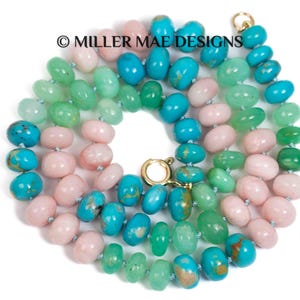 Blue, Green, & Pink Peruvian Opal Knotted Strand Statement Necklace | Long Beaded Gemstone Strand Necklace | 14k Gold Opal Necklace