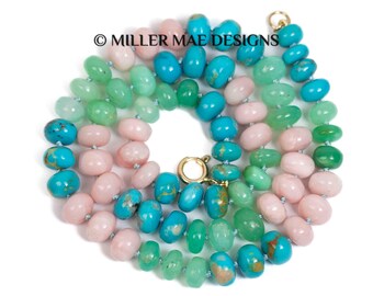 Blue, Green, & Pink Peruvian Opal Knotted Strand Statement Necklace | Long Beaded Gemstone Strand Necklace | 14k Gold Opal Necklace