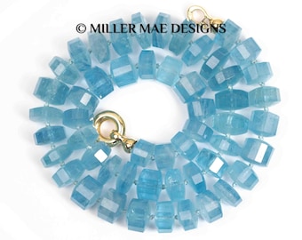 Gem Quality Brazilian Aquamarine Hand-Knotted Necklace | 14k Gold Blue Beaded Necklace | AAA Aquamarine Beaded Necklace