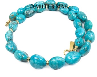 14k Gold Nacozari Turquoise Nugget Necklace | AAA Quality Undyed Mexican Nacozari Turquoise Nugget Necklace | Mexican Turquoise Necklace