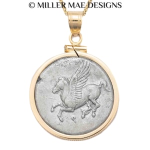 PEGASUS/ATHENA (320-280 B.C.) Ancient Greek Coin Pendant Necklace | 14k Gold Real Winged Horse Coin Necklace | Greek Goddess Coin Necklace