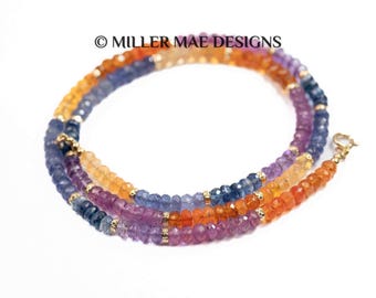 14k Rainbow Gemstone Necklace | Faceted Tanzanite Kyanite Amethyst Pink Sapphire Mexican Fire Opal Necklace | AAA Quality Gemstone Necklace